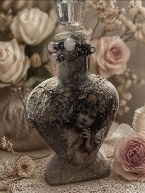 Handcrafted Vintage-Style Heart Glass Art Bottle in Cream and Pink